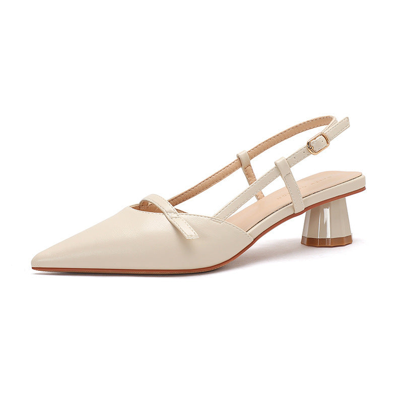 Women's Chunky Heel Low Heel Pointed Leather Stitching Fashion Sandals - Image 5