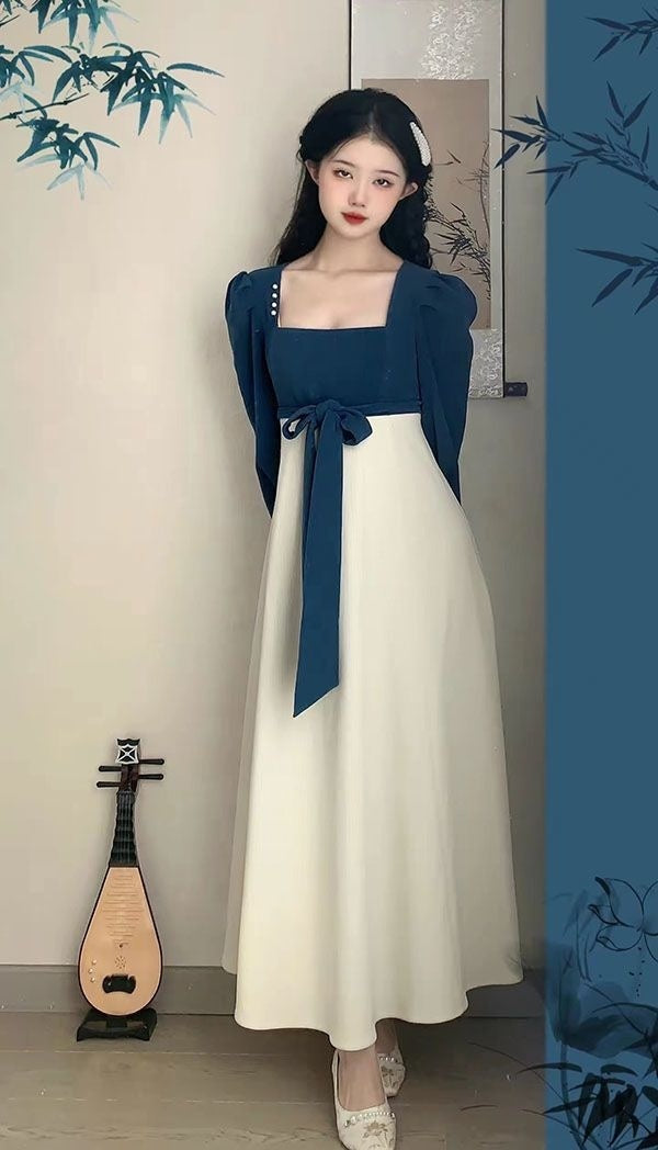 National Style New Chinese Style Spring And Autumn French Retro Elegant Slim Square Collar High Waist Skirt - Image 3