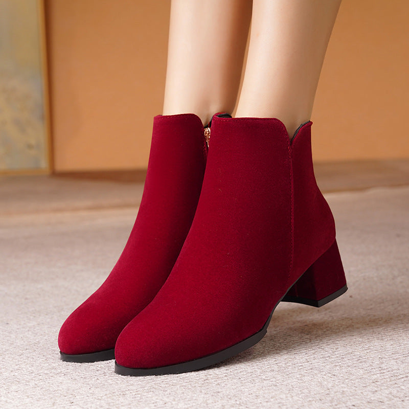 Pointed-toe Frosted Suede Side Zipper Chunky Heel Mid Heel Plus Size Female Boots - Image 4