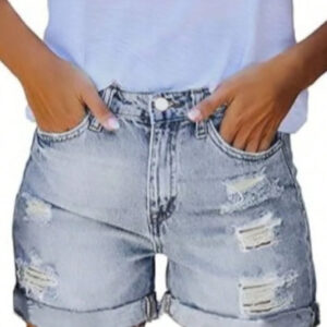 Womens Mid-High Rise Ripped Jean Shorts Distressed Stretchy Denim Shorts