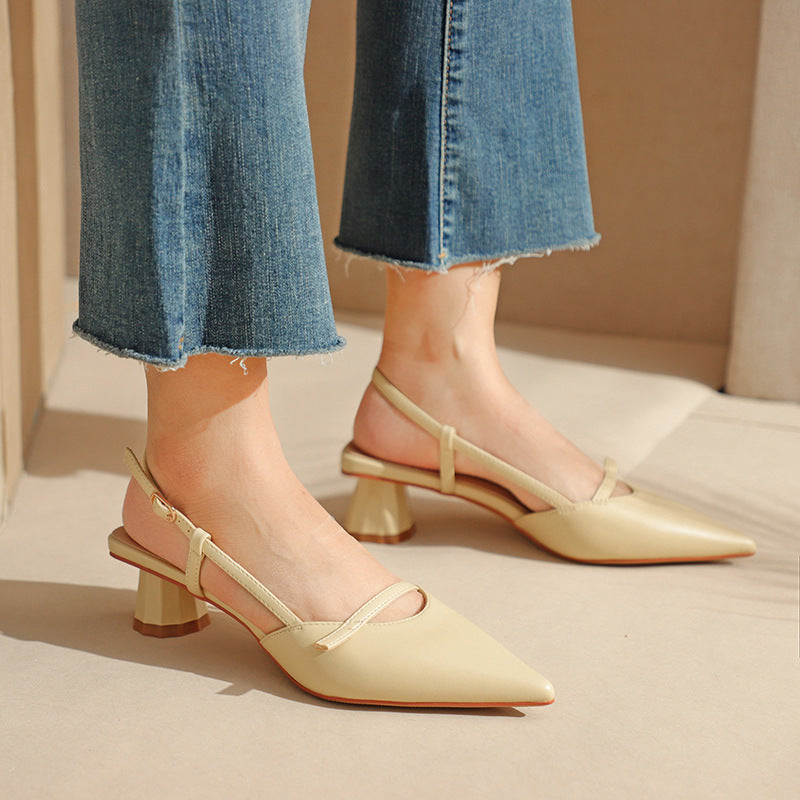 Women's Chunky Heel Low Heel Pointed Leather Stitching Fashion Sandals - Image 3