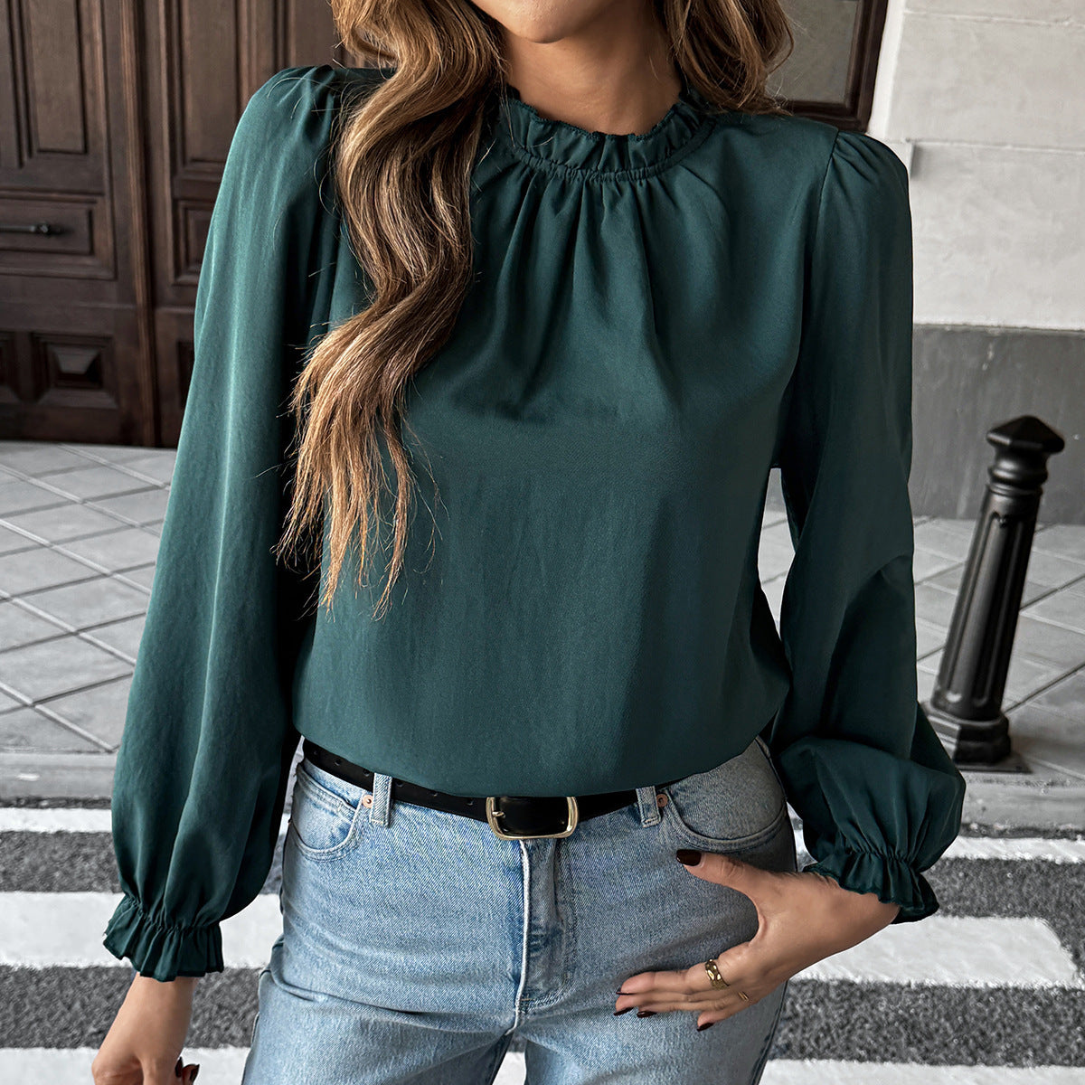 European And American Leisure Simple Style Long Sleeve Solid Color Stringy Selvedge Shirt
