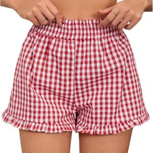 Women's Plaid Print Patched Decor Button Front Elastic Waist Shorts, Casual Comfy Straight Leg Shorts For Summer, Ladies Bottoms For Daily Wear, Women Workout Clothes Womenswear Beach Cottage Shorts