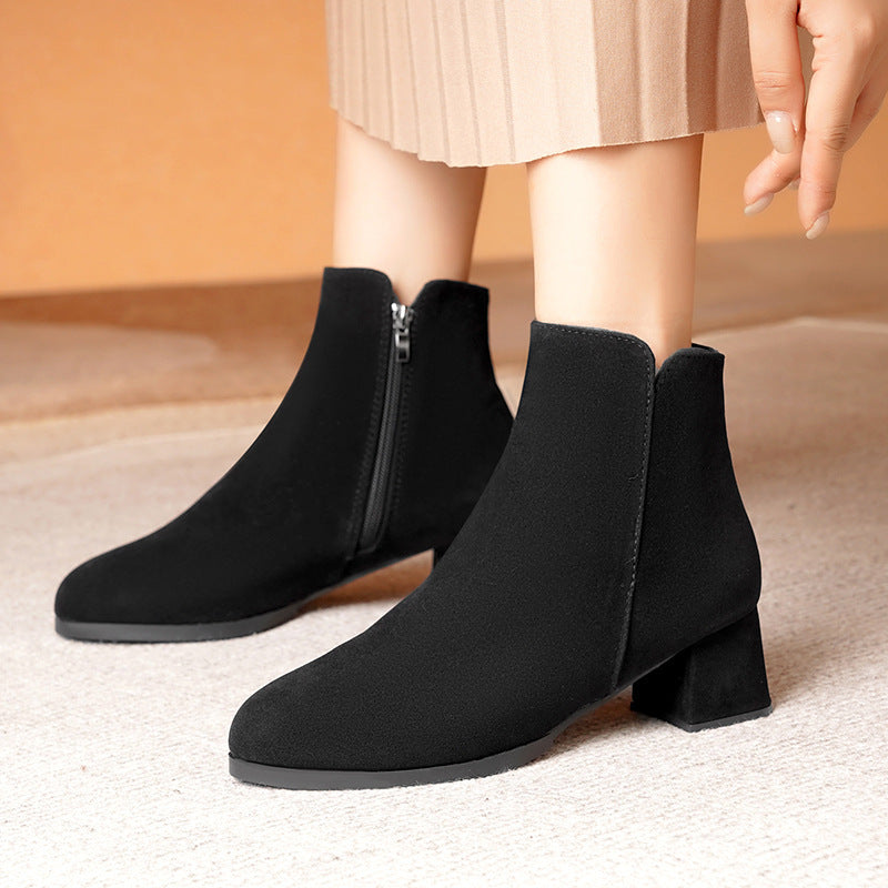 Pointed-toe Frosted Suede Side Zipper Chunky Heel Mid Heel Plus Size Female Boots - Image 5