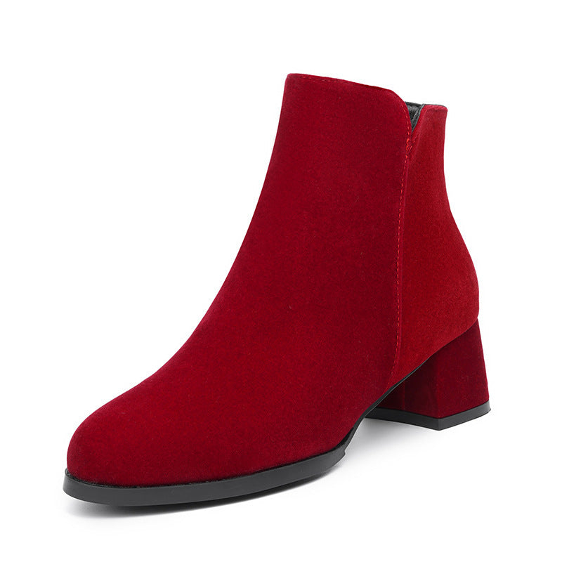 Pointed-toe Frosted Suede Side Zipper Chunky Heel Mid Heel Plus Size Female Boots - Image 8