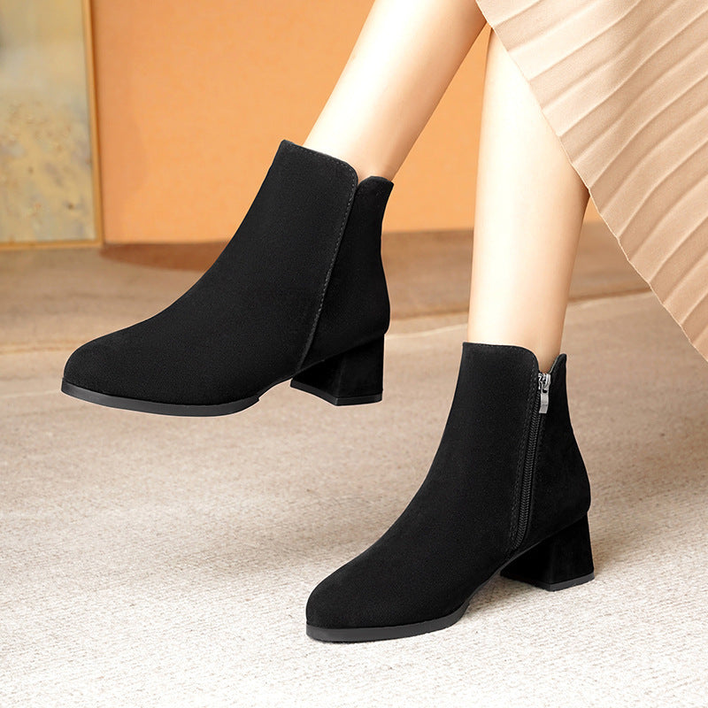 Pointed-toe Frosted Suede Side Zipper Chunky Heel Mid Heel Plus Size Female Boots - Image 3