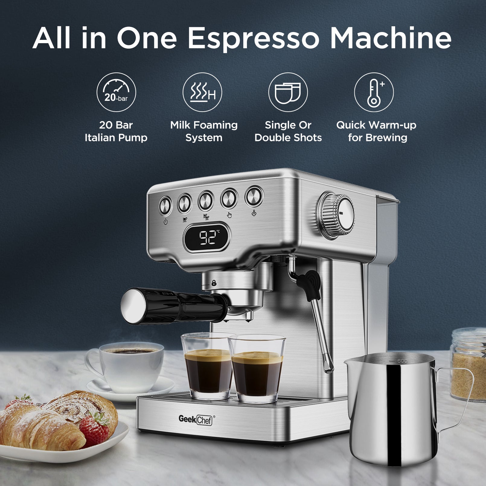 Geek Chef Espresso Machine, 20 Bar Espresso Machine With Milk Frother For Latte, Cappuccino, Macchiato, For Home Espresso Maker, 1.8L Water Tank, Stainless Steel, Ban On Amazon - Image 11