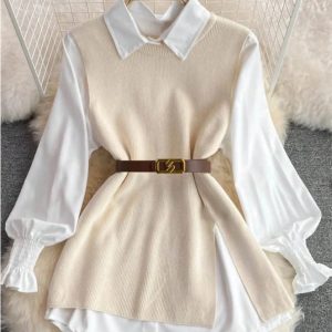 Women Vintage Apricot Split Hem Rib Knit Vest