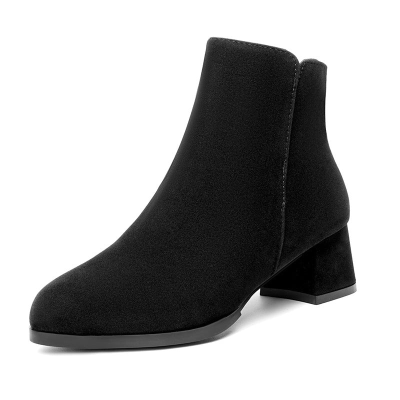 Pointed-toe Frosted Suede Side Zipper Chunky Heel Mid Heel Plus Size Female Boots - Image 7
