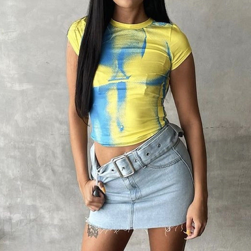 Summer Fashion Personality Hipster Contrast Color Sexy Digital 3D Printing Slim-fit Crop-top
