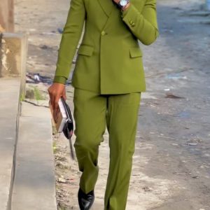 Olive- Green Three-Piece Suit Blaze and Shirt and Tie Ensemble
