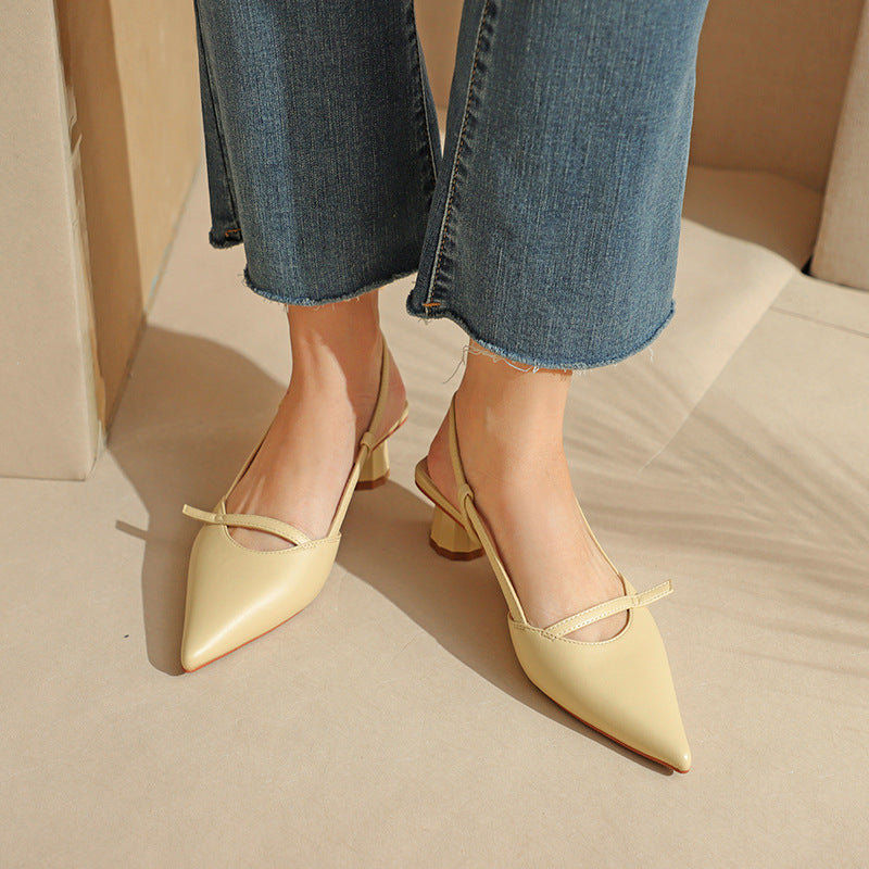 Women's Chunky Heel Low Heel Pointed Leather Stitching Fashion Sandals