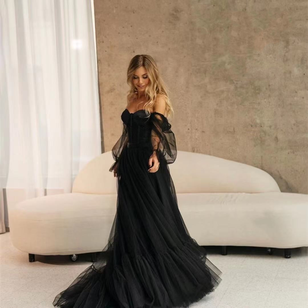 Women's Long Sleeve Transparent Lace Black Wedding Dress - Image 5
