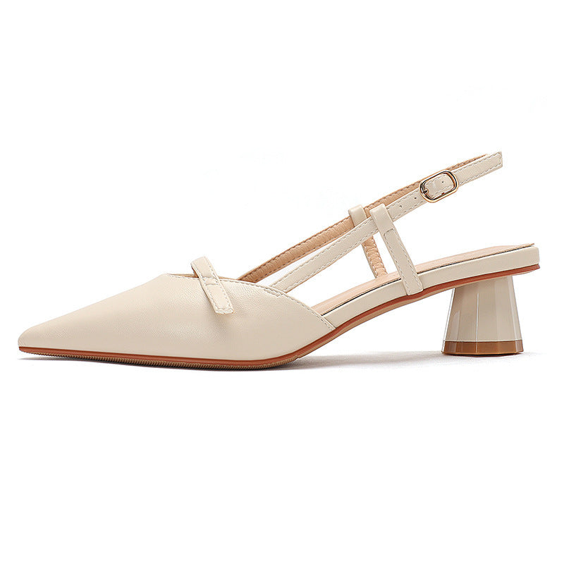 Women's Chunky Heel Low Heel Pointed Leather Stitching Fashion Sandals - Image 7