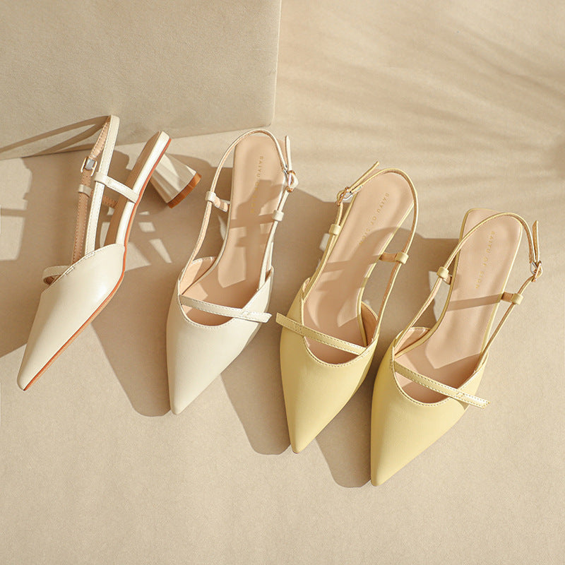 Women's Chunky Heel Low Heel Pointed Leather Stitching Fashion Sandals - Image 2