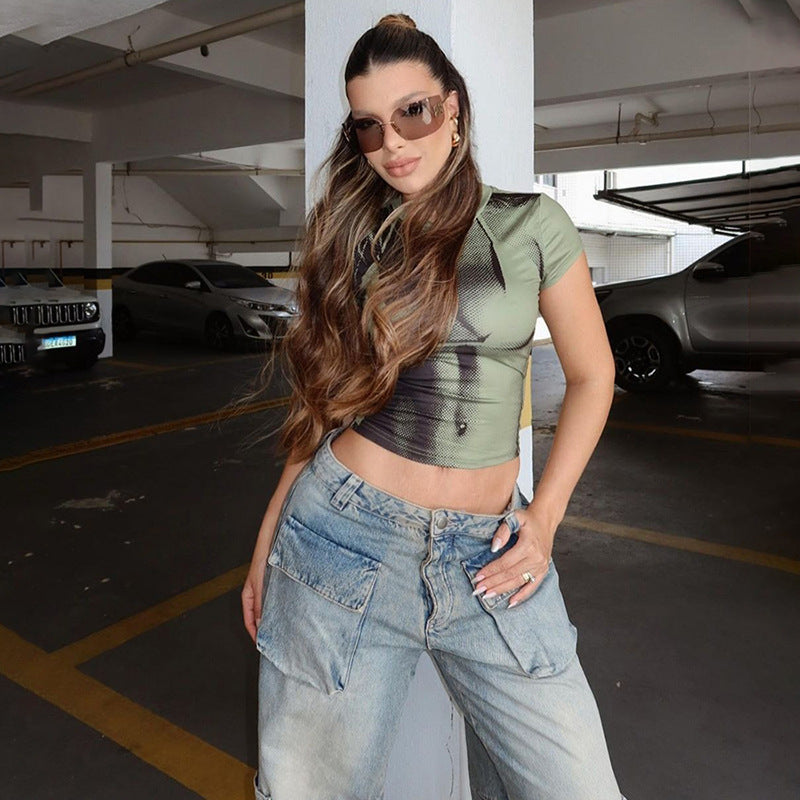 Summer Fashion Personality Hipster Contrast Color Sexy Digital 3D Printing Slim-fit Crop-top - Image 2