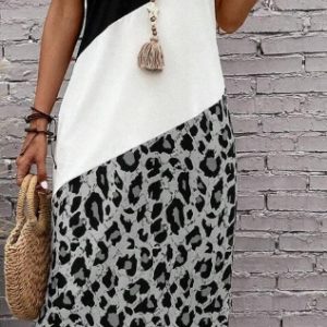 Leopard Print Colorblock Long Summer Tee Dress With Seelves