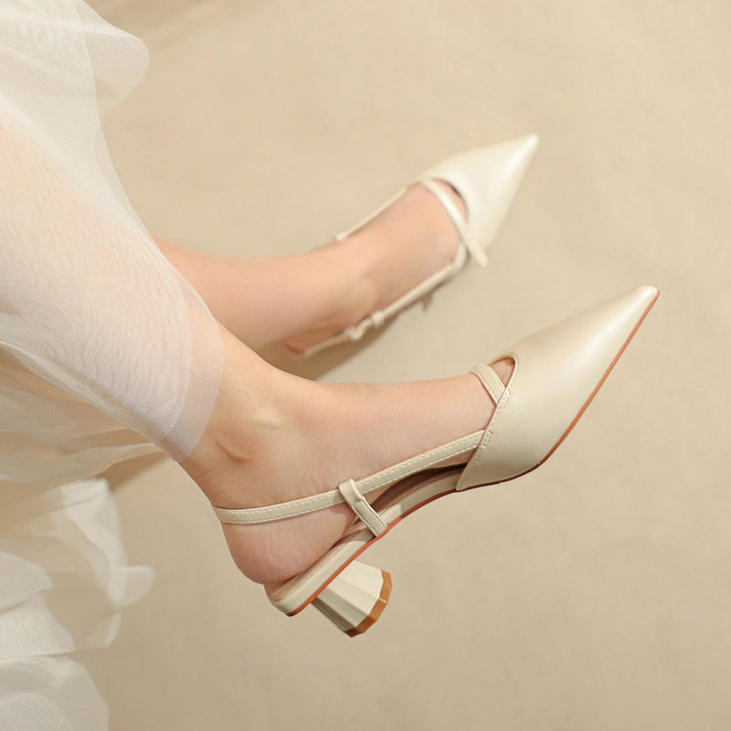 Women's Chunky Heel Low Heel Pointed Leather Stitching Fashion Sandals - Image 4