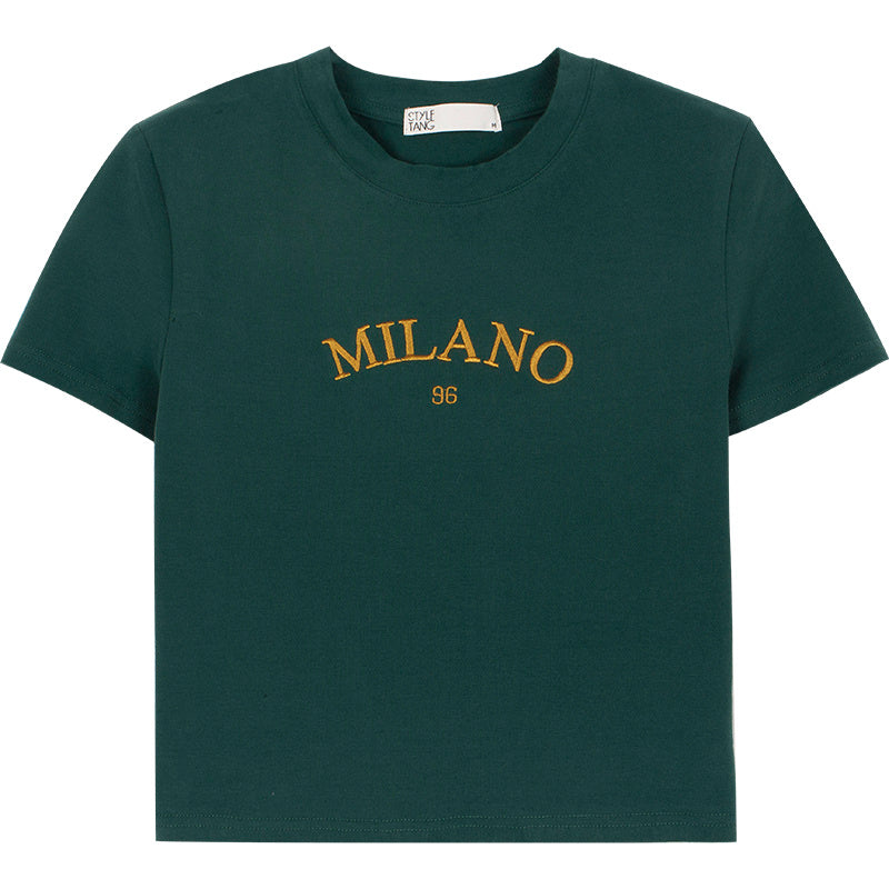 American Retro Dark Green Letter Embroidery Short Short Sleeve - Image 5