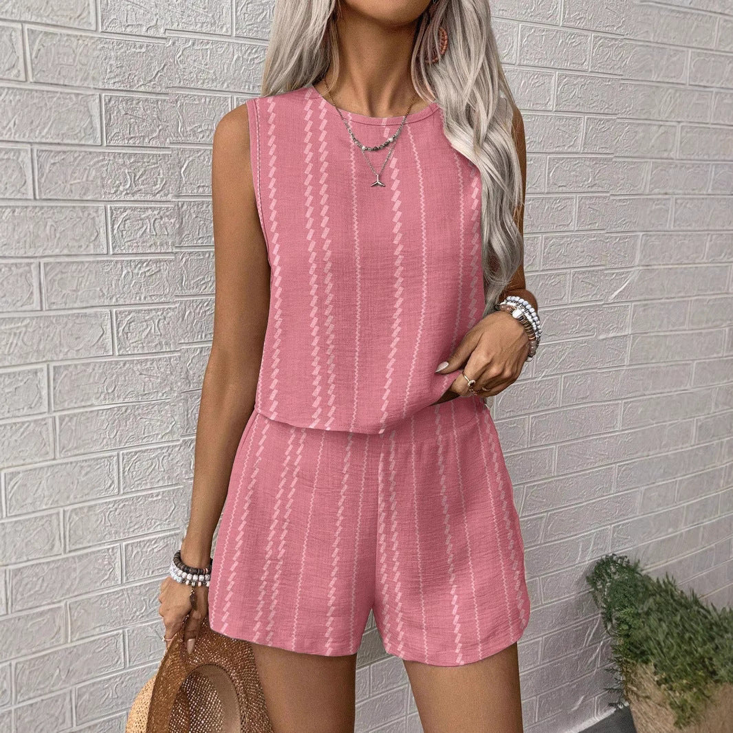 Casual Craft Stripe Printing Sleeveless Tank Top Shorts Suit - Image 3