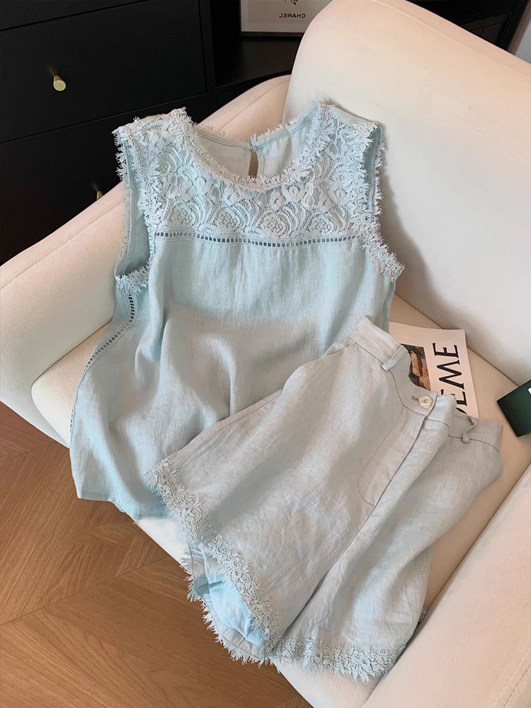 Lace Stitching Sleeveless Cotton And Linen Suit Women - Image 6