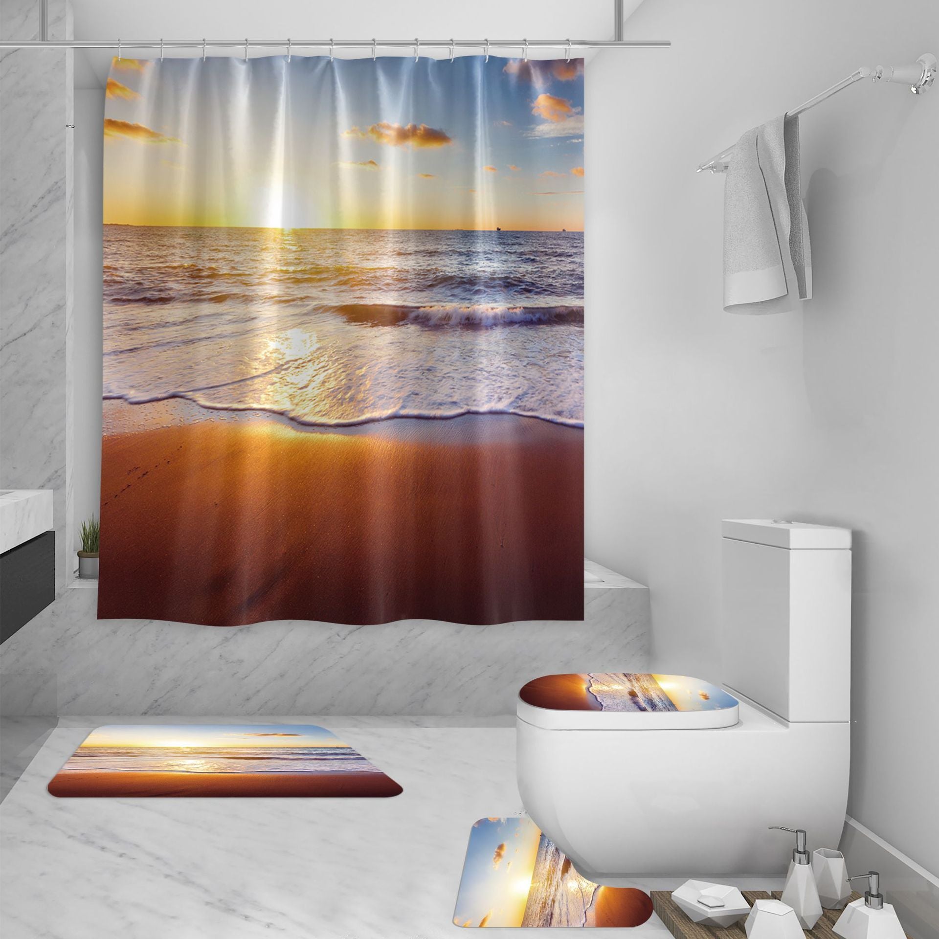 Shower Curtain Set 3D Sea View Beach Digital Printing Shower Curtain Waterproof Polyester - Image 3