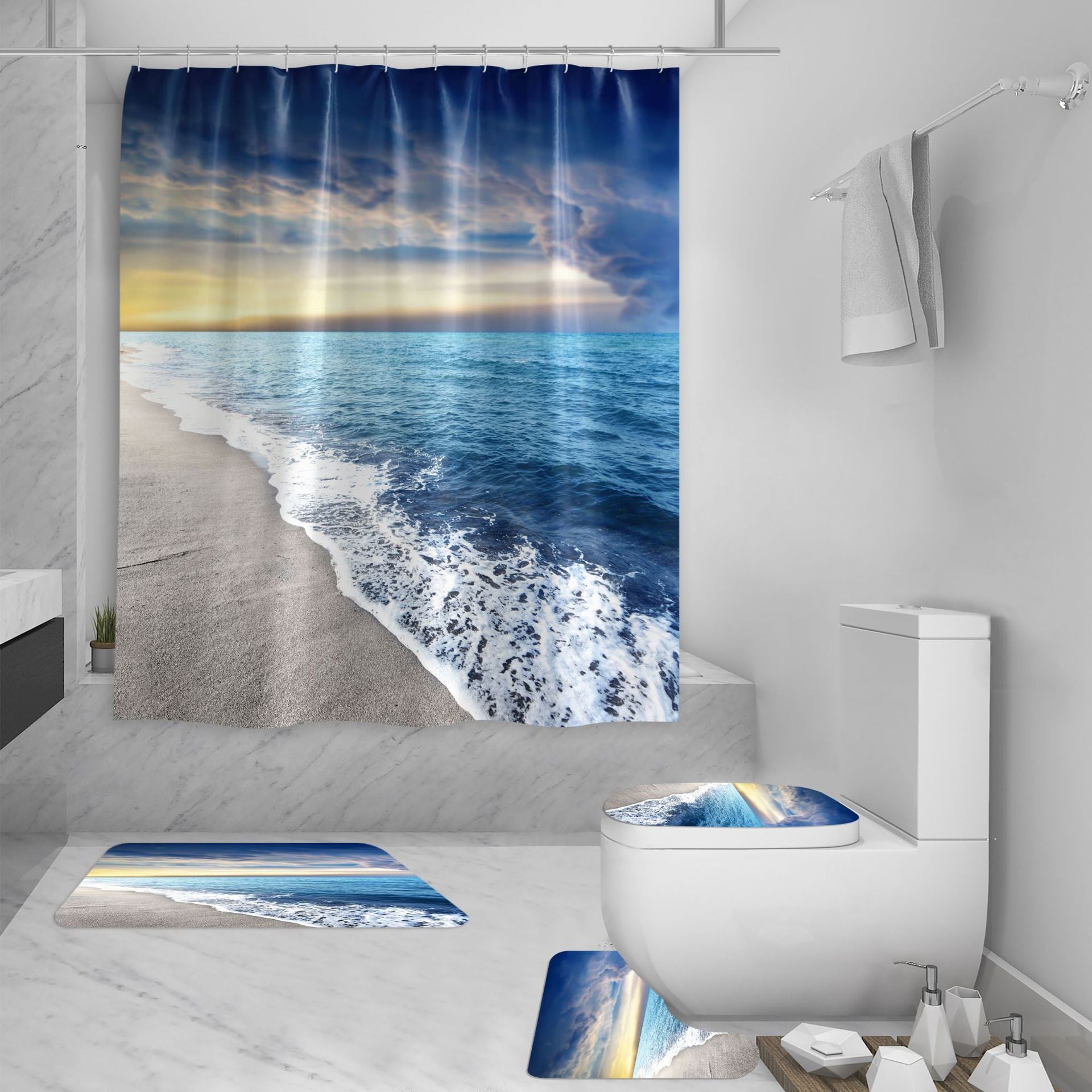 Shower Curtain Set 3D Sea View Beach Digital Printing Shower Curtain Waterproof Polyester - Image 5