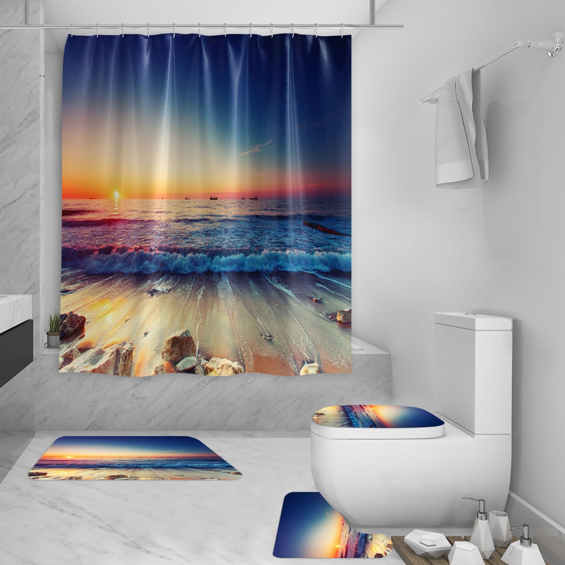 Shower Curtain Set 3D Sea View Beach Digital Printing Shower Curtain Waterproof Polyester - Image 4