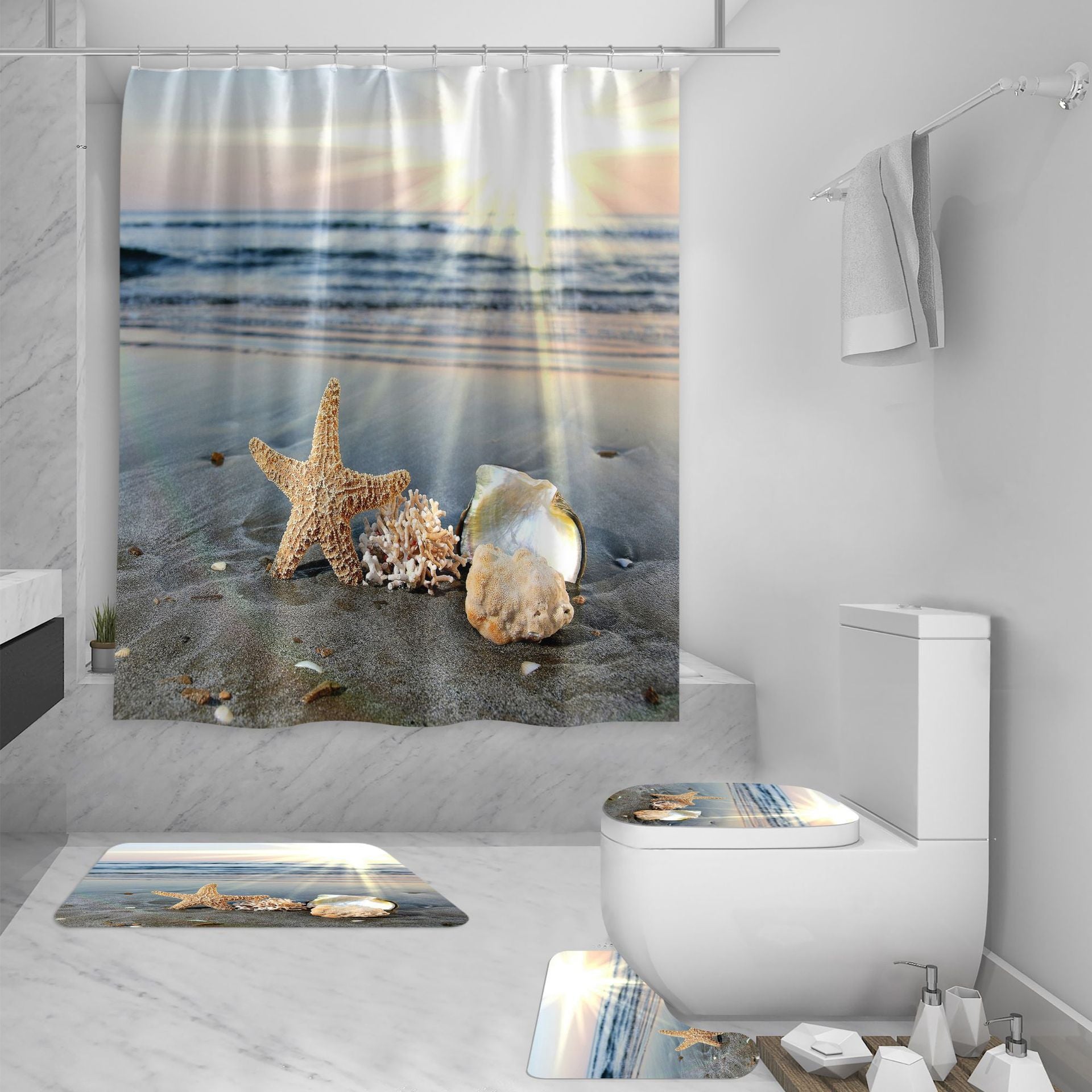 Shower Curtain Set 3D Sea View Beach Digital Printing Shower Curtain Waterproof Polyester - Image 2