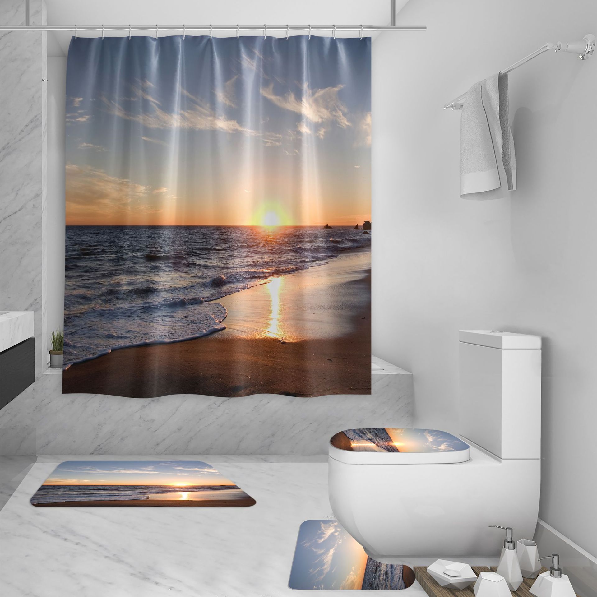 Shower Curtain Set 3D Sea View Beach Digital Printing Shower Curtain Waterproof Polyester - Image 6