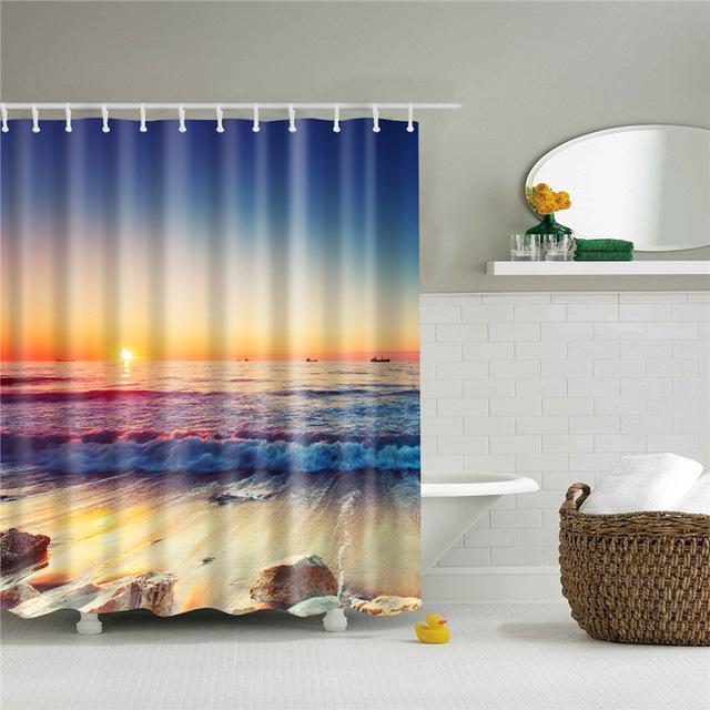 Shower Curtain Set 3D Sea View Beach Digital Printing Shower Curtain Waterproof Polyester - Image 7