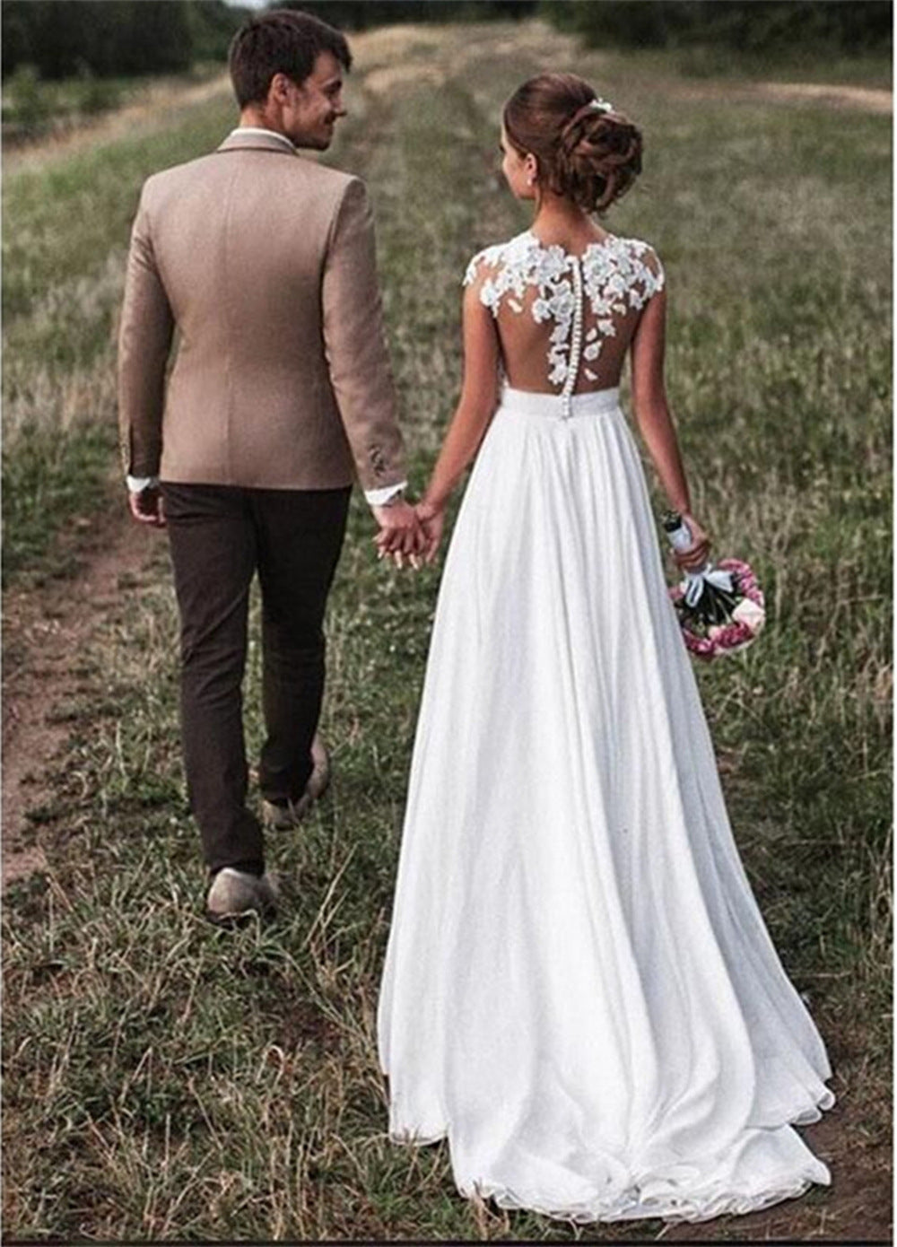 Retro Lace Shoulder Chiffon Slim Bridal Wedding Dress - Image 3
