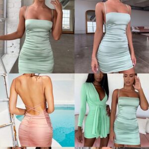 Pleated sexy backless strap nightclub dress