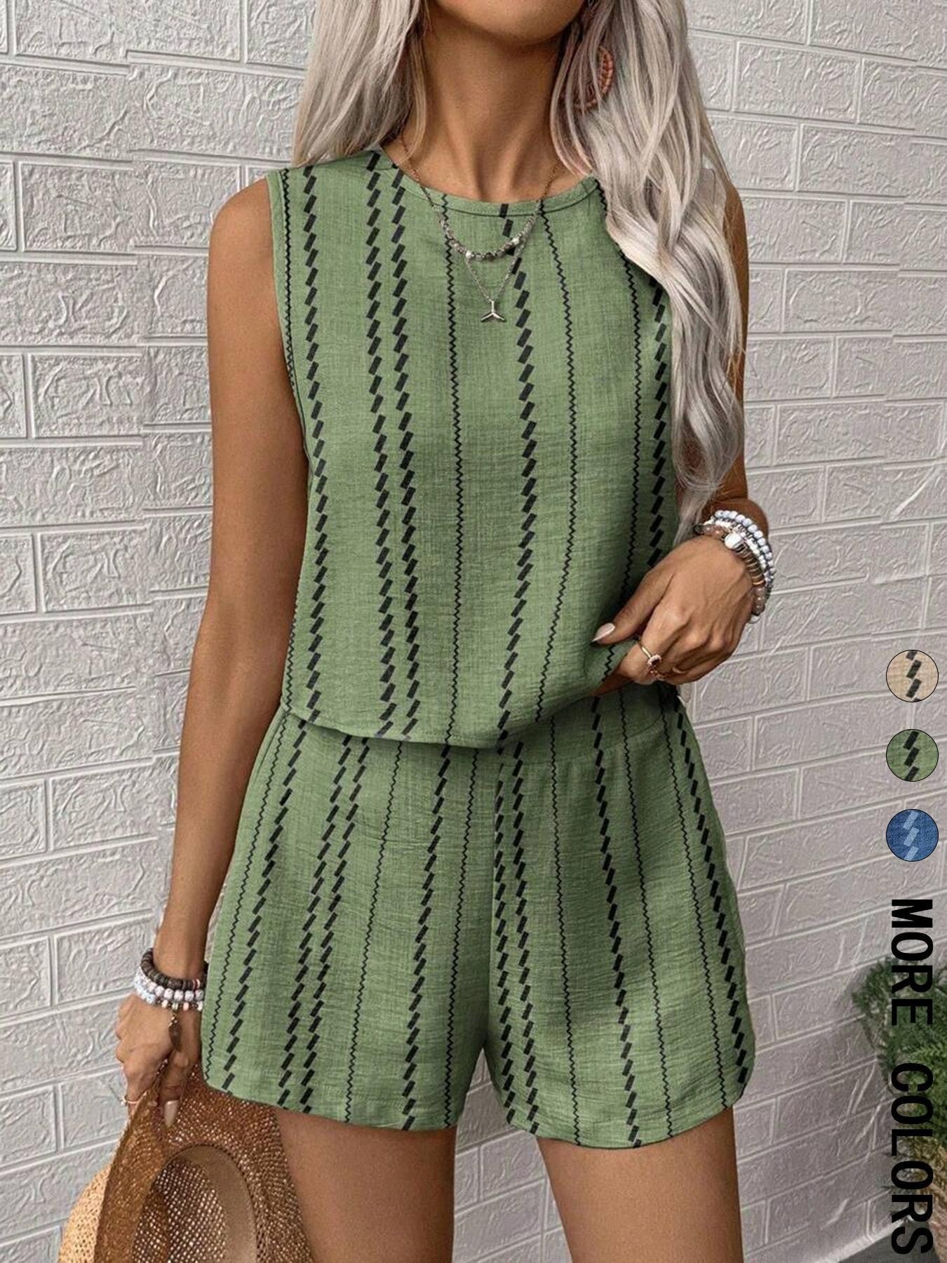 Casual Craft Stripe Printing Sleeveless Tank Top Shorts Suit - Image 9