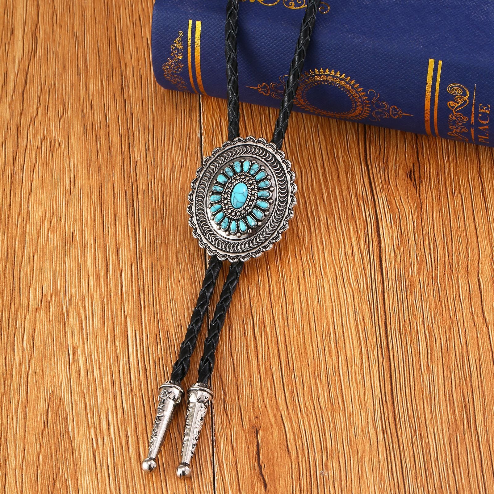 American Indian Western Style Turquoise Carved Bolo Tie - Image 2