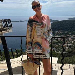 Women's Casual Style Printing Lapel Breasted Shirt Shorts Suit