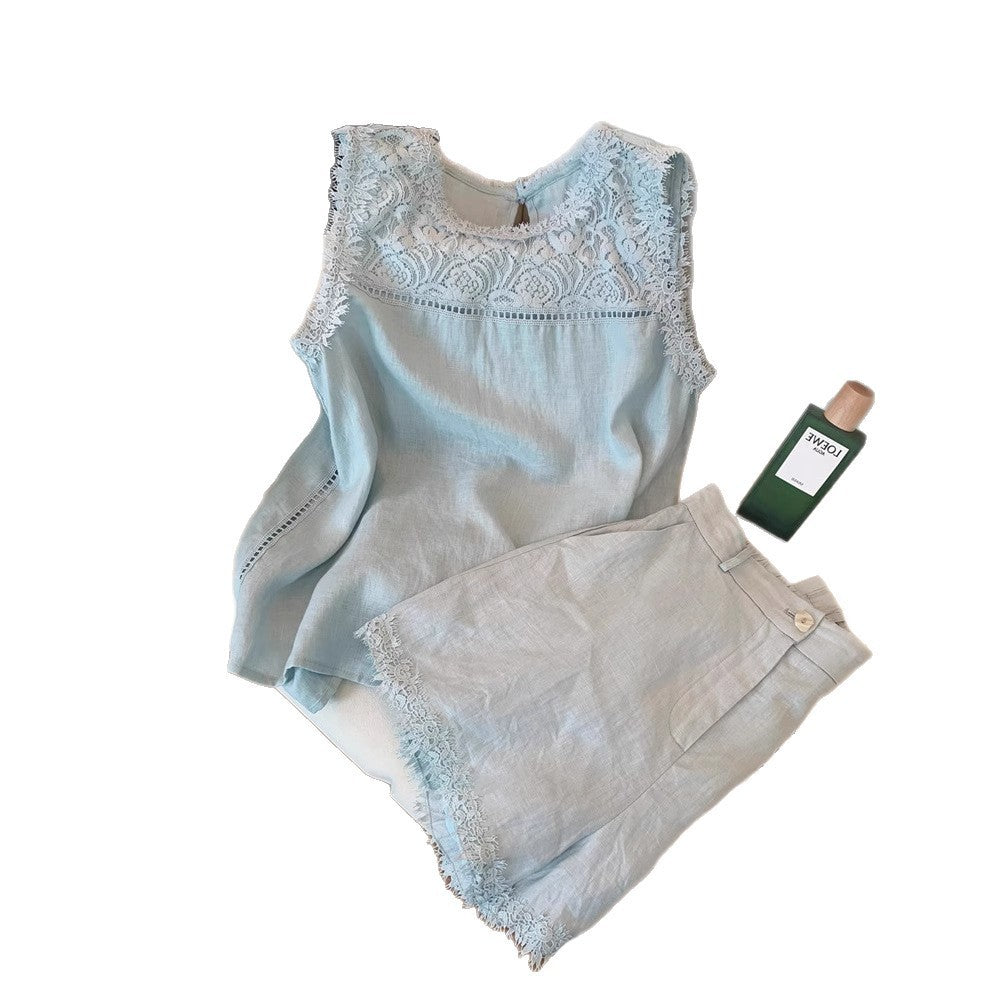 Lace Stitching Sleeveless Cotton And Linen Suit Women - Image 5