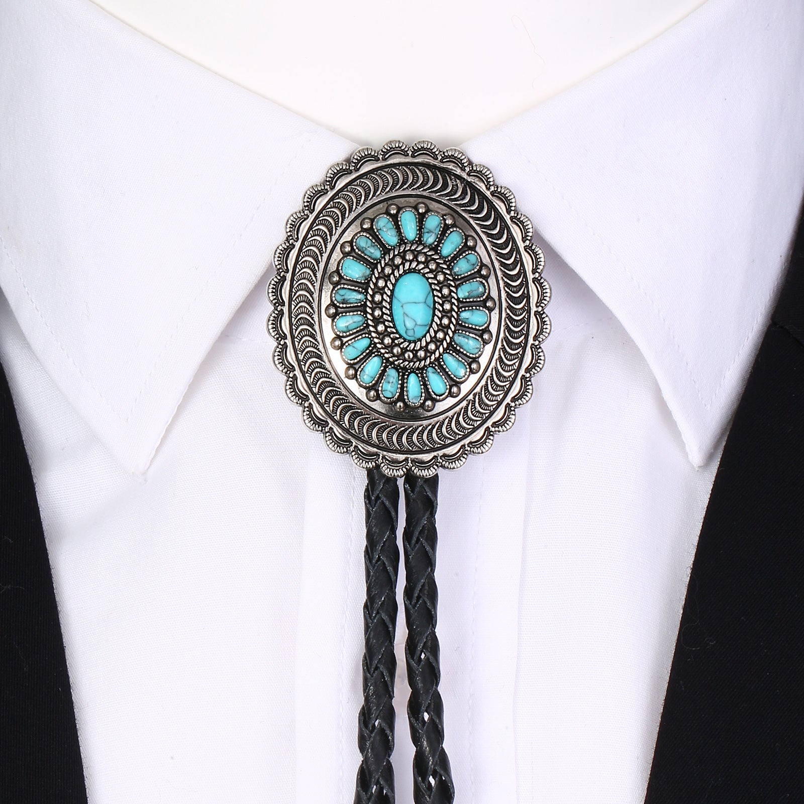 American Indian Western Style Turquoise Carved Bolo Tie - Image 6