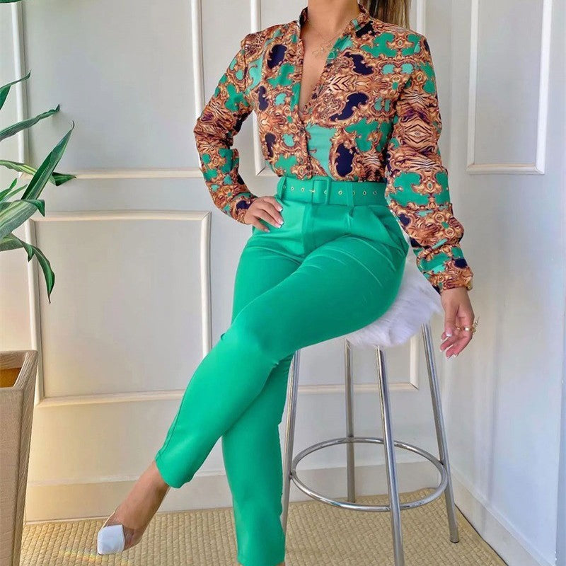 Printed Top Slim Trousers Suit