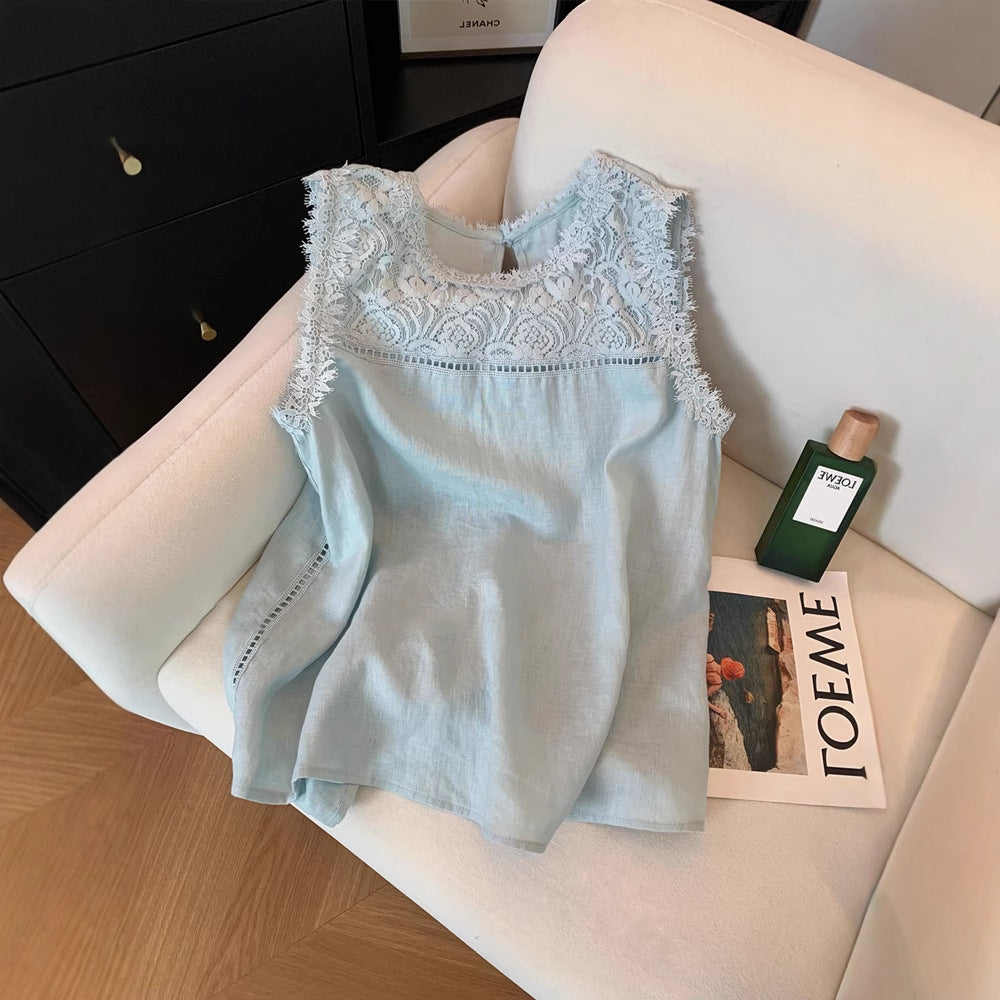 Lace Stitching Sleeveless Cotton And Linen Suit Women - Image 3