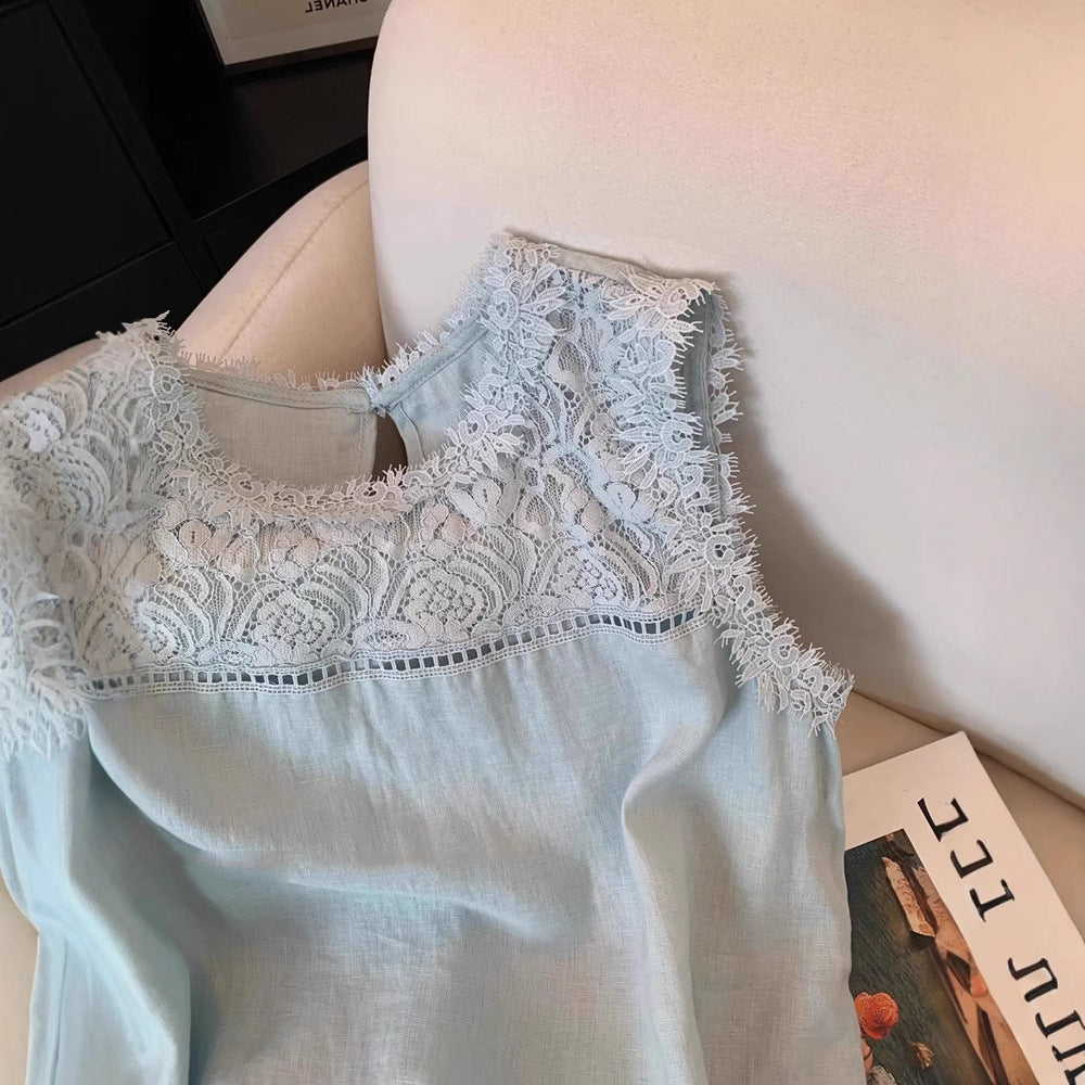 Lace Stitching Sleeveless Cotton And Linen Suit Women - Image 2