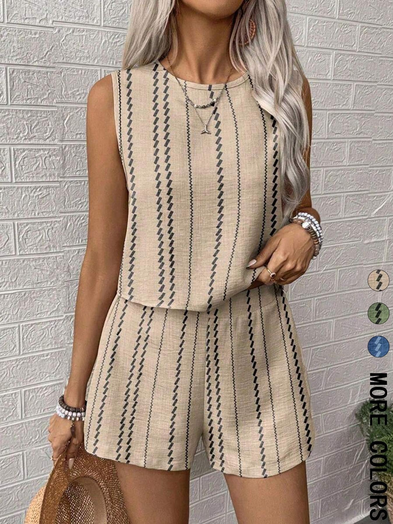 Casual Craft Stripe Printing Sleeveless Tank Top Shorts Suit - Image 10