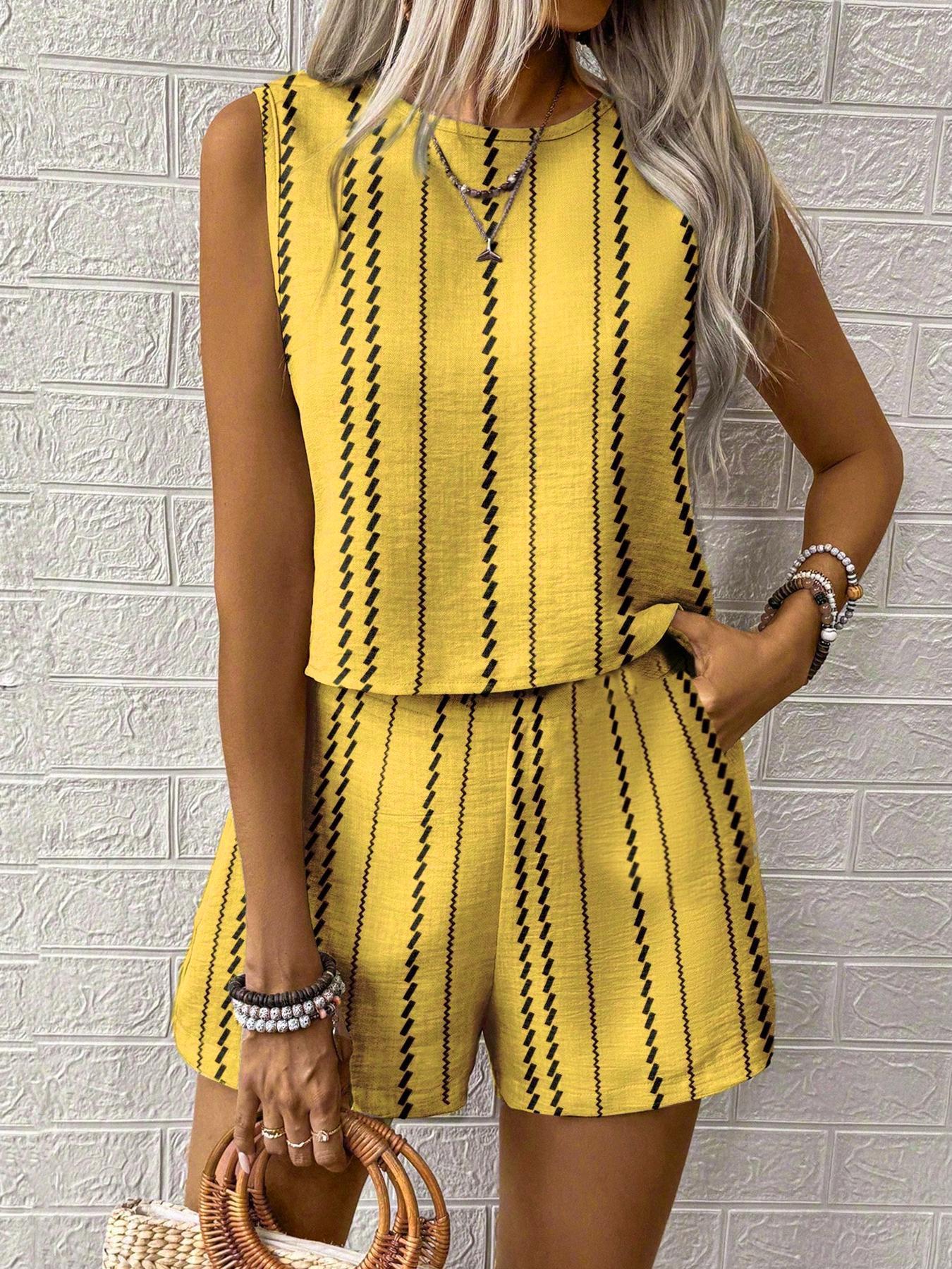 Casual Craft Stripe Printing Sleeveless Tank Top Shorts Suit - Image 12
