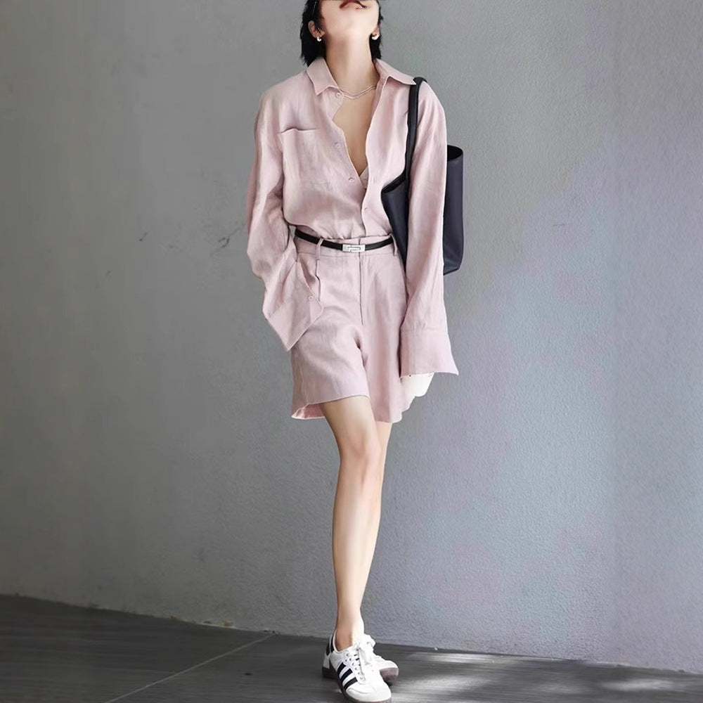 Cotton Linen Linen Top And Shorts Two-piece Set For Women
