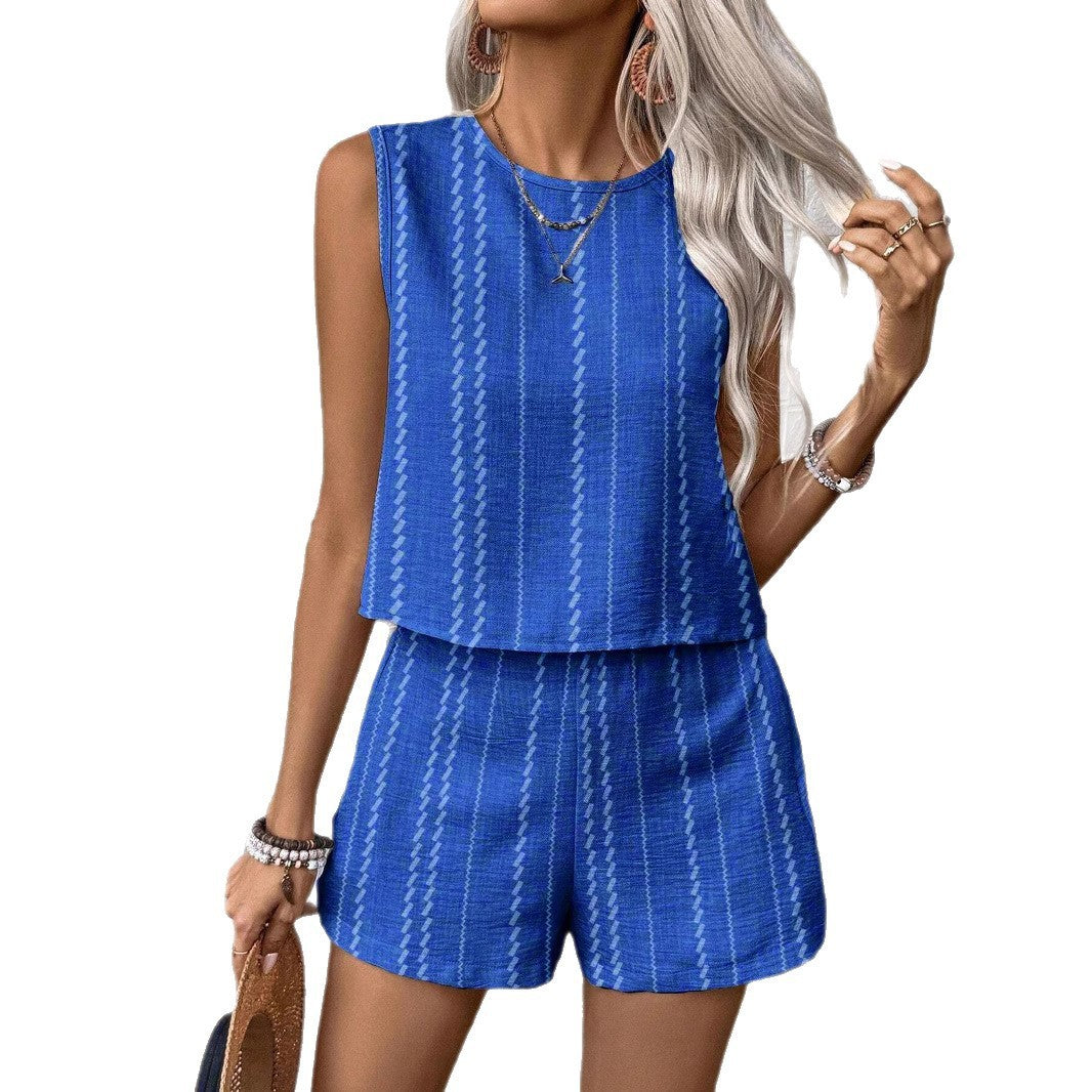 Casual Craft Stripe Printing Sleeveless Tank Top Shorts Suit - Image 2