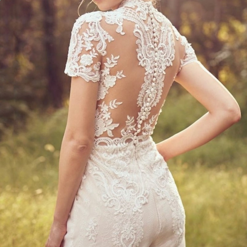 Bride Pants Suit Wedding Bridal Gowns Short Sleeve Jumpsuit - Image 4