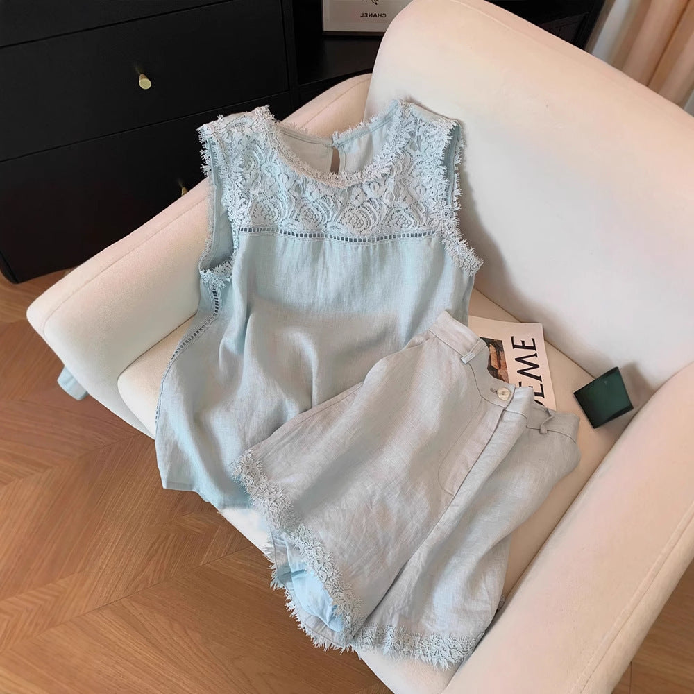 Lace Stitching Sleeveless Cotton And Linen Suit Women